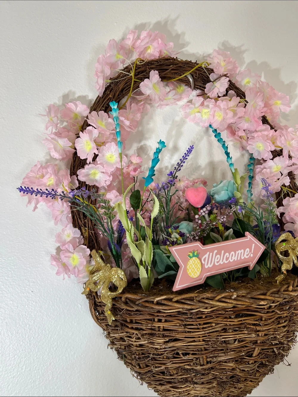Pink Blossom Welcome Hanging Basket - Faux Floral Spring Accent